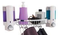 Stick On Wall Mountable Double Soap Dispenser with Rack - White