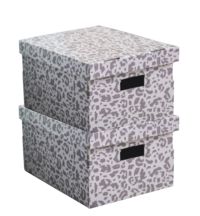 Set of 2 Leo Leopard Print Cardboard Storage Boxes - Grey/White