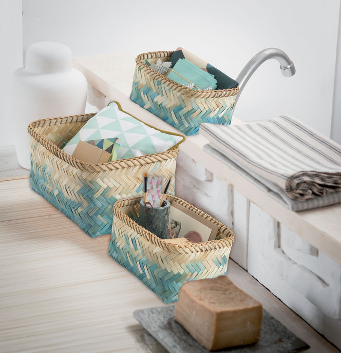 "Noumea" Large Bamboo Basket - Aqua Blue/Brown 5 Compactor