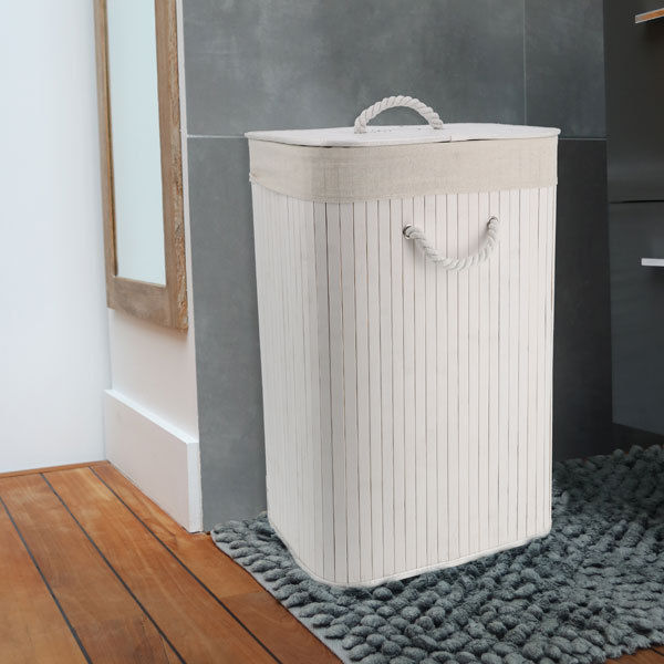 "Bamboo" rectangle foldable white laundry basket