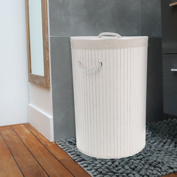 "Bamboo" round foldable white laundry basket
