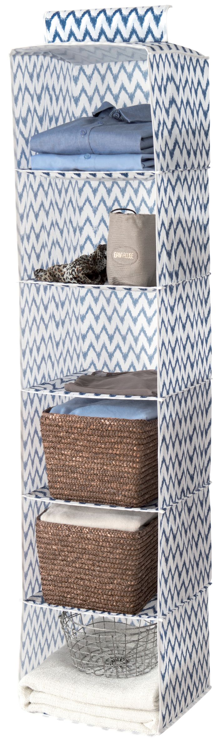 Ikat Blue Hanging Clothes Organiser with 6 Compartments 1 Compactor