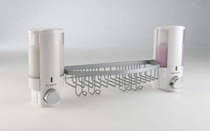 Stick On Wall Mountable Double Soap Dispenser with Rack - White 1 Compactor