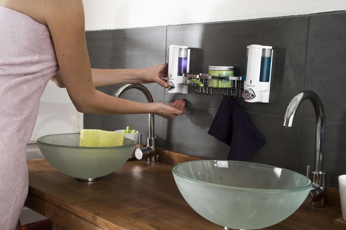 Stick On Wall Mountable Double Soap Dispenser with Rack - White 3 Compactor