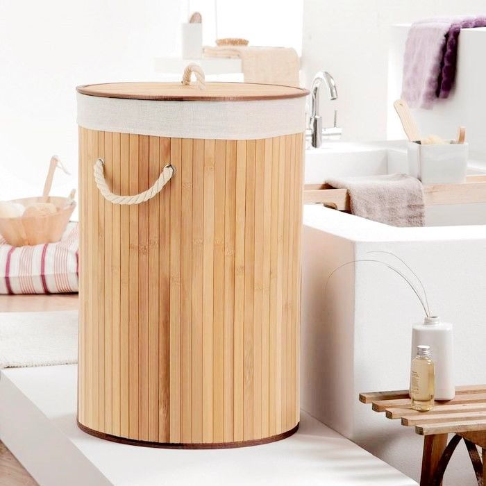 "Bamboo" Round Foldable Laundry Basket 6 Compactor