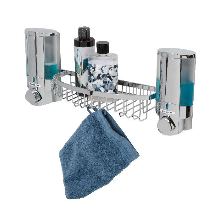 Stick On Wall Mountable Double Soap Dispenser with Rack - Chrome 4 Compactor