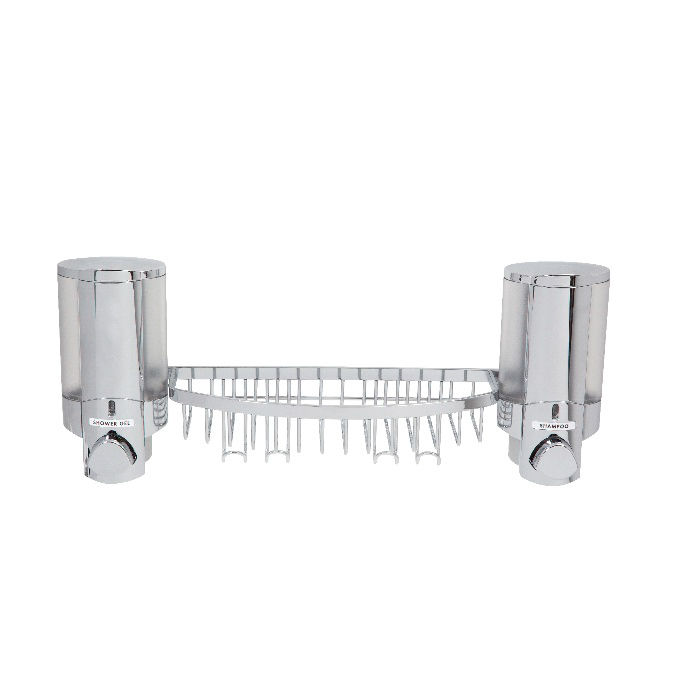 Stick On Wall Mountable Double Soap Dispenser with Rack - Chrome 2 Compactor