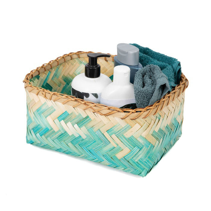 "Noumea" Medium Bamboo Basket - Aqua Blue/Brown 4 Compactor