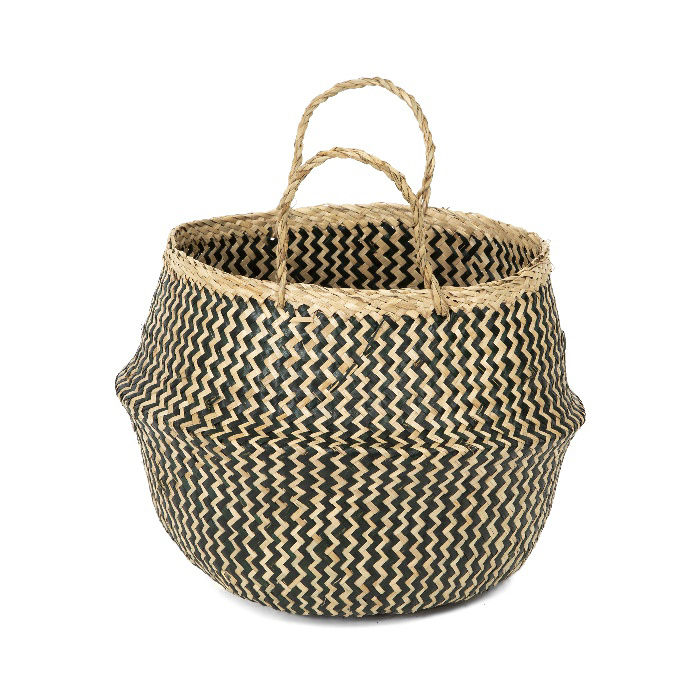 "Belly" Medium Woven Seagrass Storage Basket - Natural/Black 4 Compactor