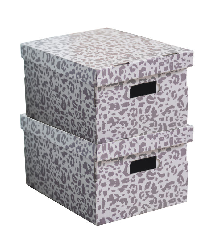 Set of 2 Leo Leopard Print Cardboard Storage Boxes - Grey/White 1 Compactor