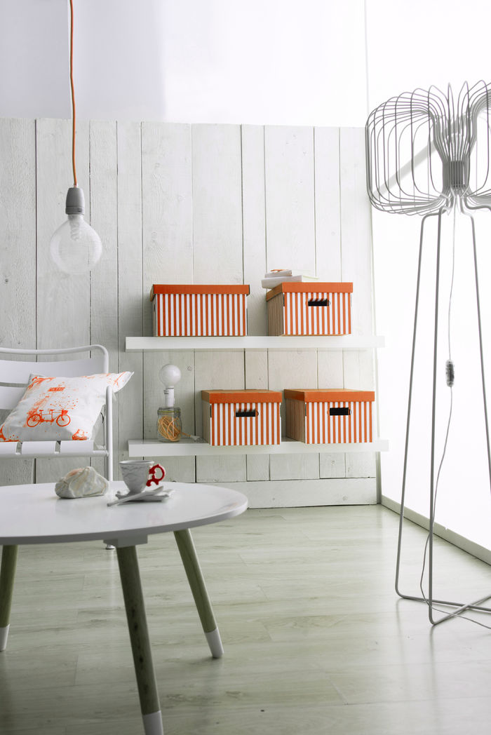 Set of 2 Stripy Cardboard Storage Boxes - Orange/White 2 Compactor