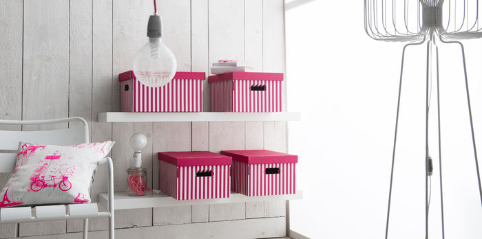 Set of 2 Stripy Cardboard Storage Boxes - Pink/White 2 Compactor