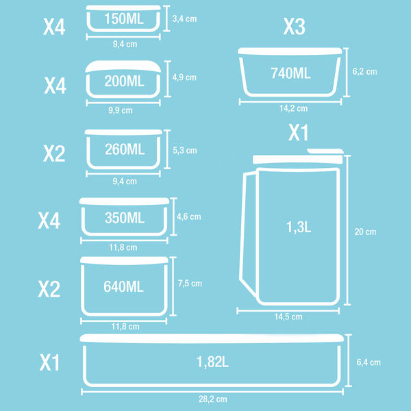 Set of 21 storage food boxes