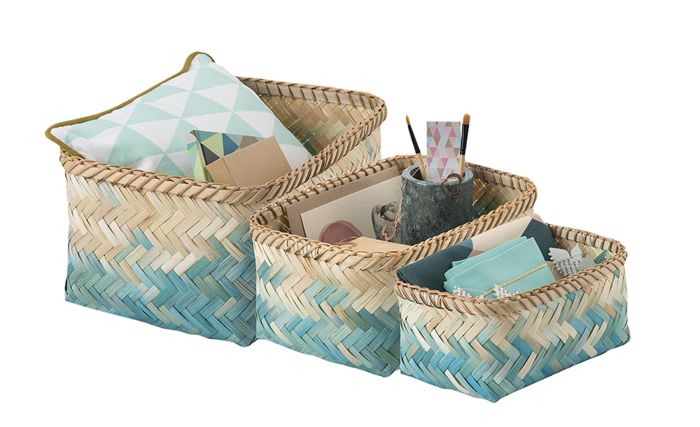 Set of 3 "Noumea" Bamboo Baskets - Aqua Blue/Brown 1 Compactor