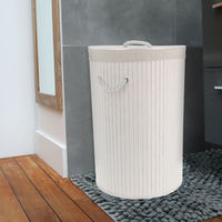 "Bamboo" round foldable white laundry basket