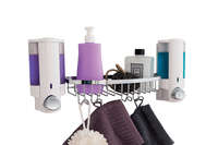 Stick On Wall Mountable Double Soap Dispenser with Rack - White