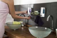 Stick On Wall Mountable Double Soap Dispenser with Rack - White