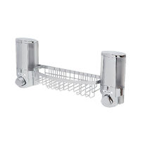 Stick On Wall Mountable Double Soap Dispenser with Rack - Chrome