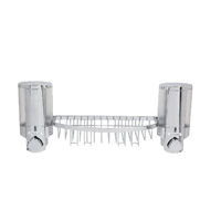 Stick On Wall Mountable Double Soap Dispenser with Rack - Chrome