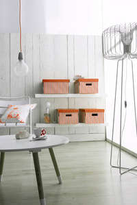 Set of 2 Stripy Cardboard Storage Boxes - Orange/White