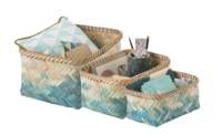 Set of 3 "Noumea" Bamboo Baskets - Aqua Blue/Brown